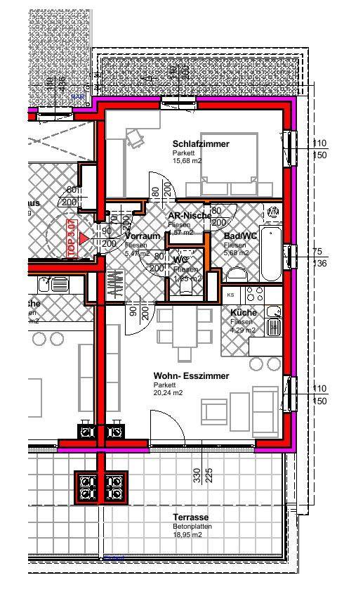 Grundriss einer Wohnung mit Schlafzimmer, Wohn-Esszimmer, Küche, Bad und Terrasse.