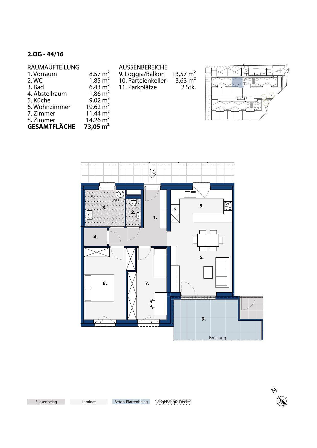 Grundriss einer modernen Wohnung mit offenem Wohnbereich, Loggia und separatem WC.