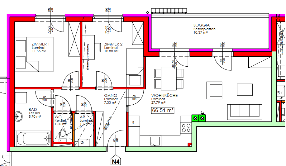 Grundriss einer Wohnung mit zwei Zimmern, Wohnküche und Loggia.