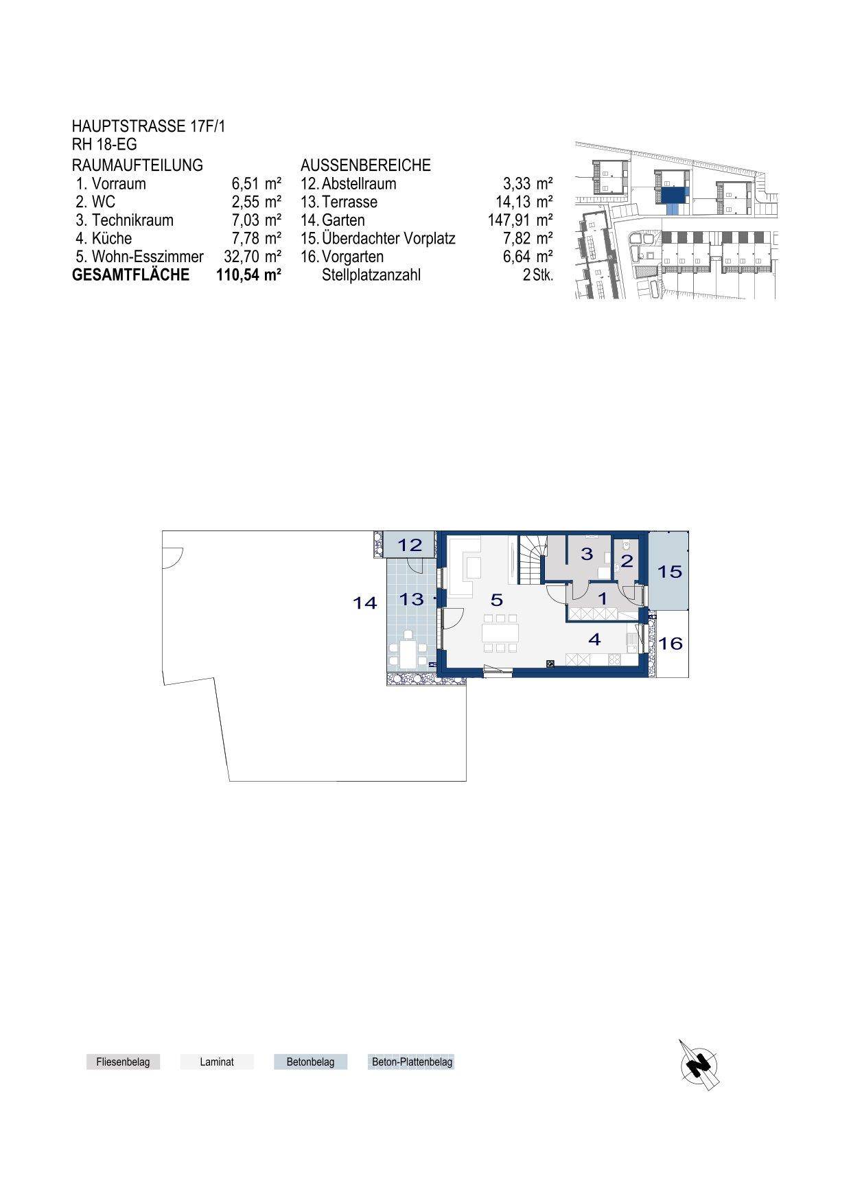 Grundriss des Erdgeschosses mit offenem Wohn-Essbereich, Küche, WC und Zugang zu Terrasse und Garten.