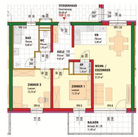 Grundriss einer Wohnung mit zwei Zimmern, Wohn-/Esszimmer, Bad, WC und Balkon.