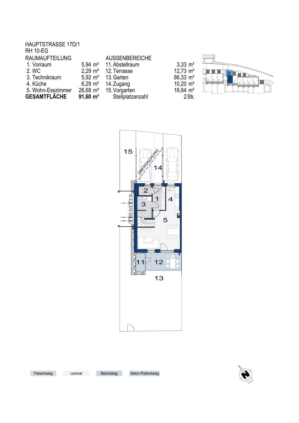 Grundriss des Erdgeschosses mit Wohn-Esszimmer, Küche und Zugang zu Terrasse und Garten.