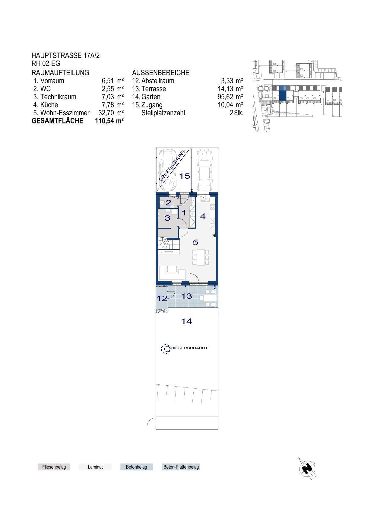 Grundriss des Erdgeschosses mit offenem Wohn-Essbereich, Küche und Zugang zu Terrasse und Garten.