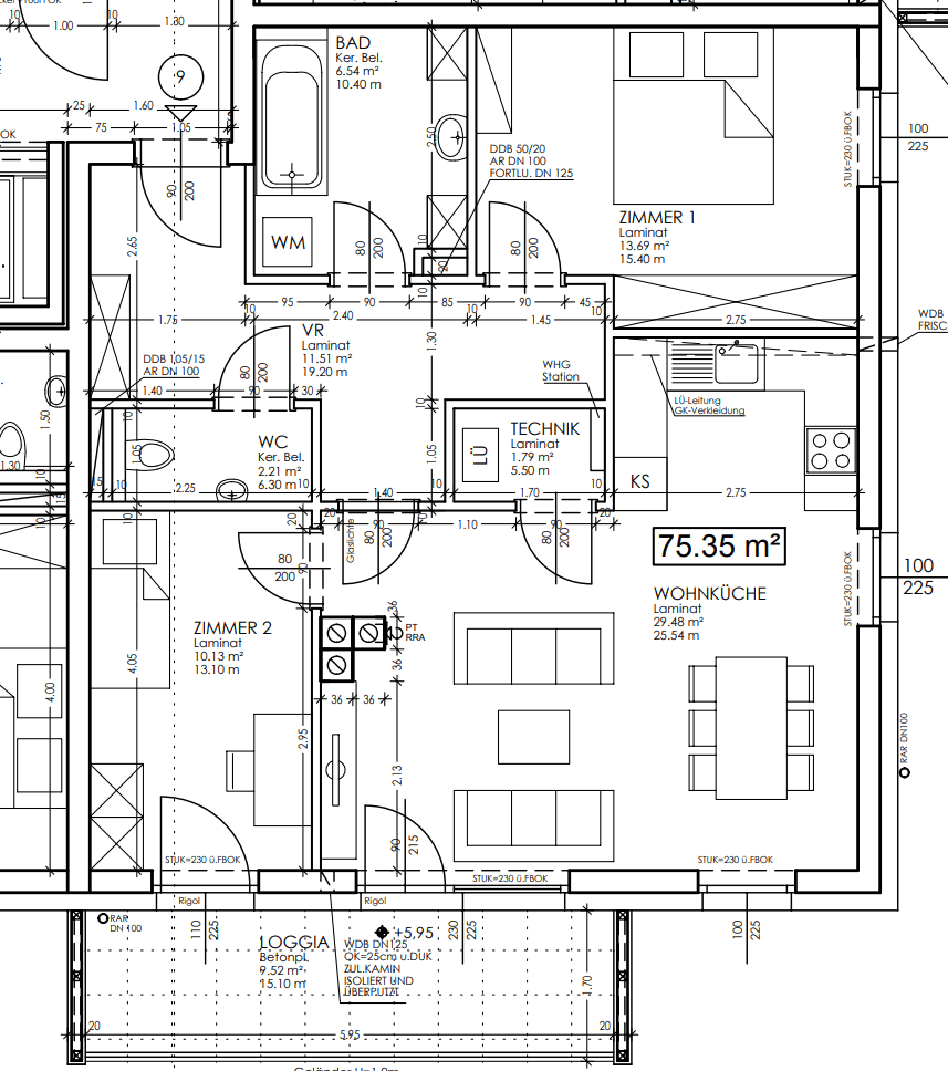 Detaillierter Grundriss einer Wohnung mit Wohnküche, zwei Zimmern und Loggia.