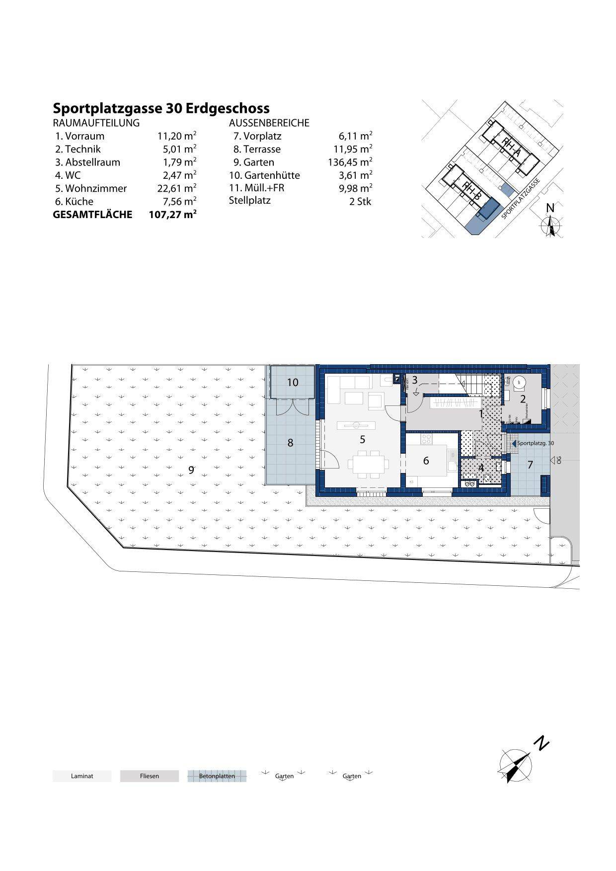 Grundriss des Erdgeschosses mit offenem Wohnbereich, Küche, Terrasse und Garten.