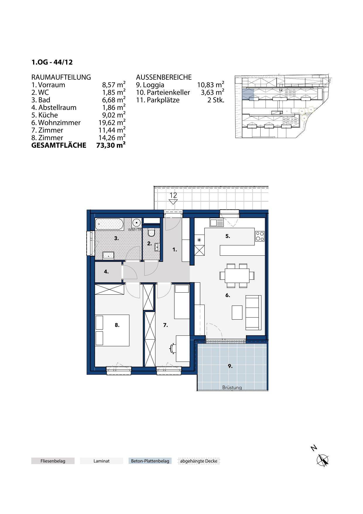 Grundriss einer Wohnung im ersten Obergeschoss mit Loggia und funktionaler Raumaufteilung.