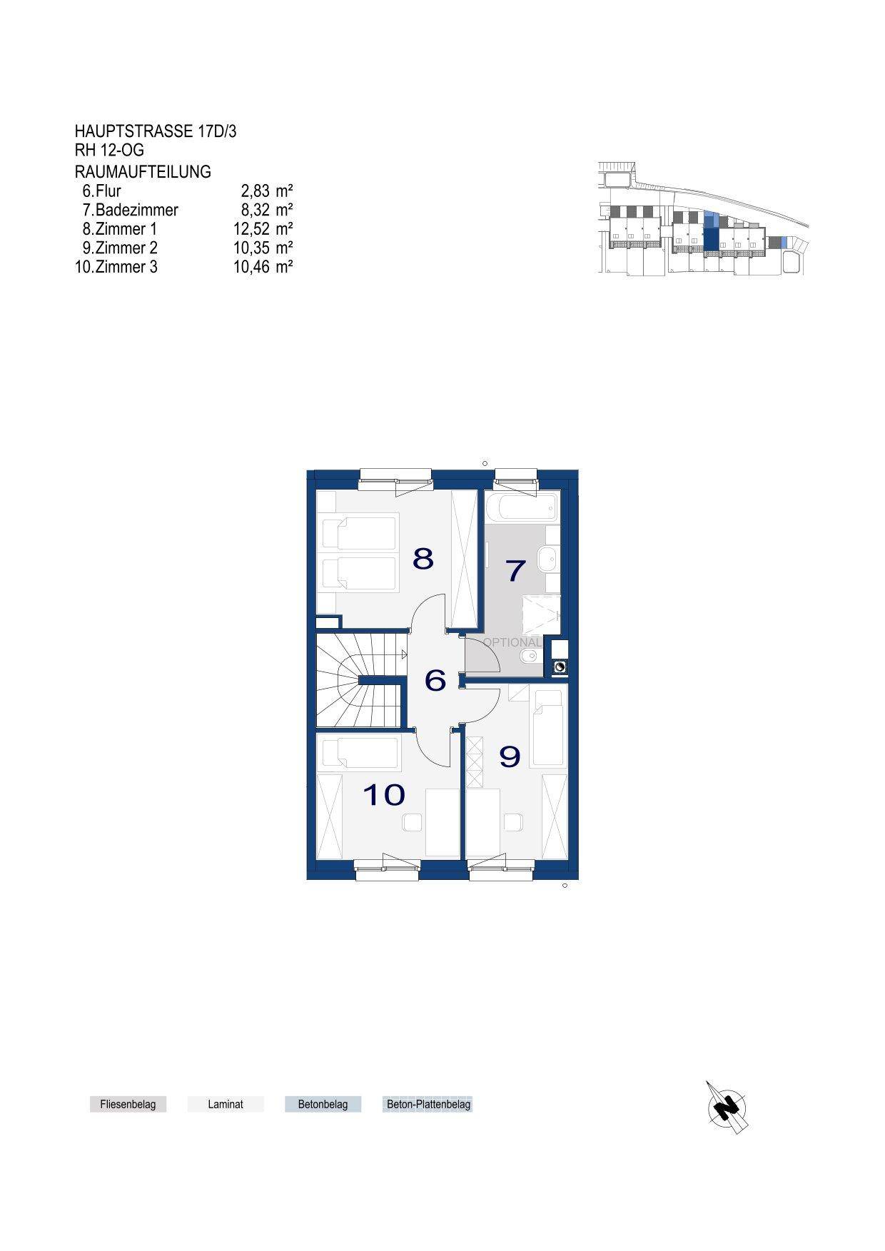 Grundriss des Obergeschosses mit drei Schlafzimmern und einem Badezimmer.