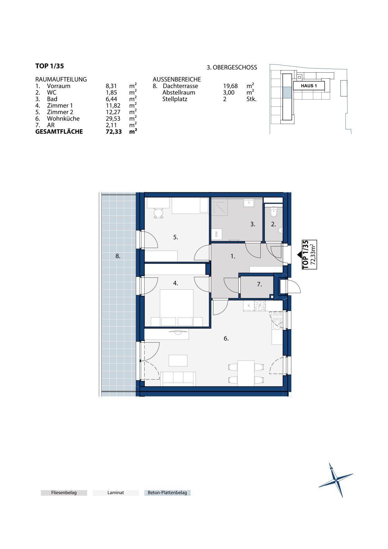 Grundriss der Wohnung TOP 1/35 mit offener Wohnküche, zwei Schlafzimmern und großer Dachterrasse.