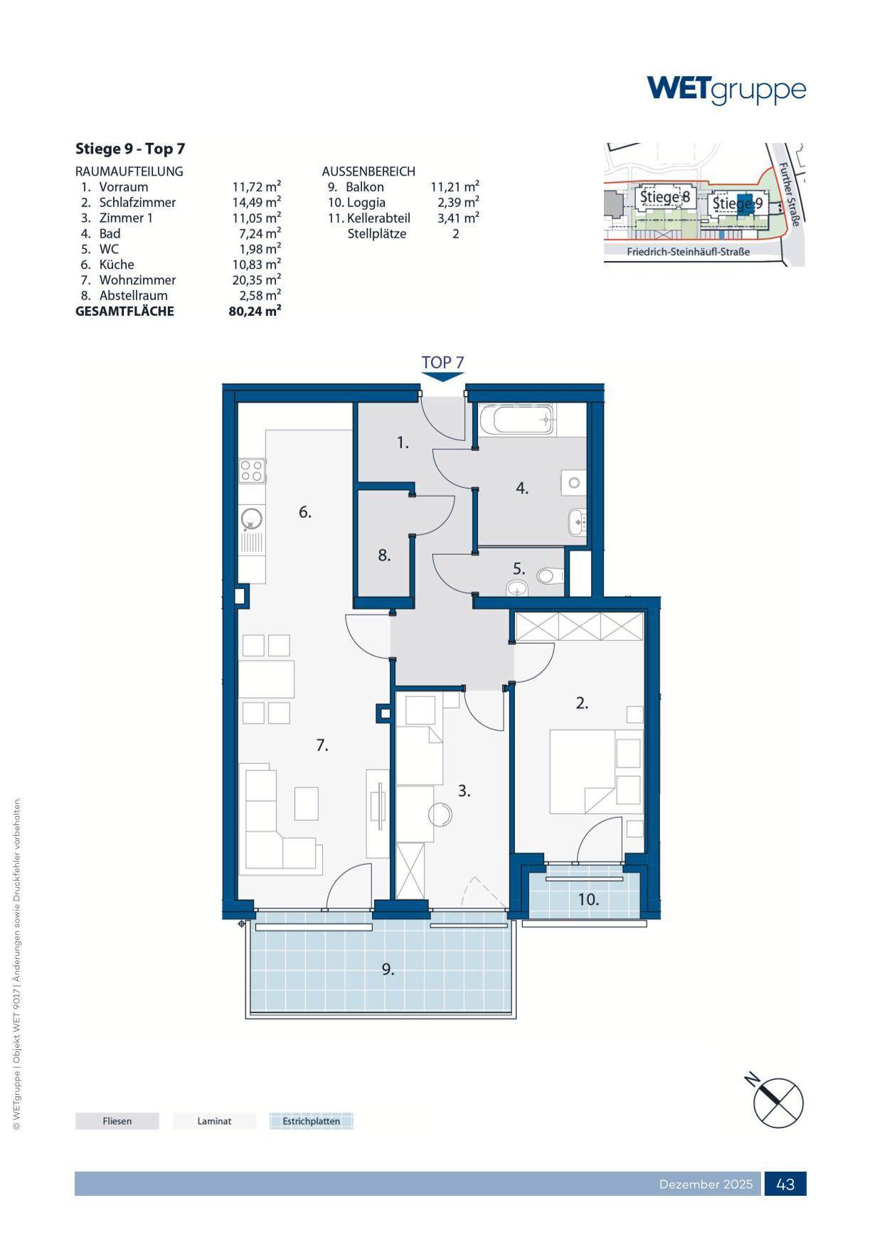 Grundriss der Wohnung Top 7 mit Balkon, zwei Schlafzimmern, Bad und offenem Wohnbereich.