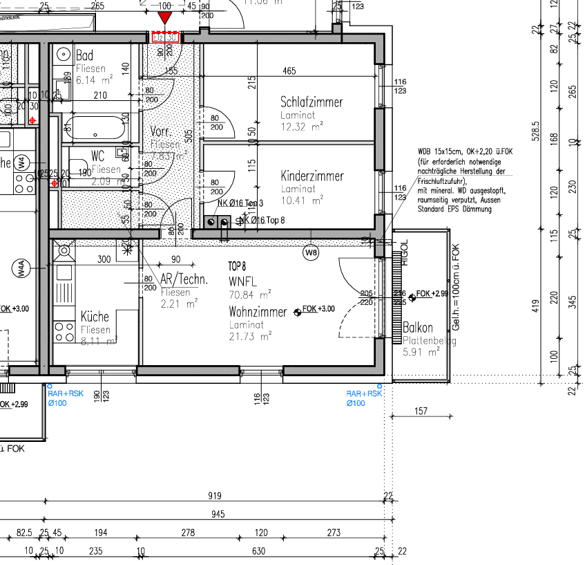 Detaillierter Grundriss einer Wohnung mit Schlafzimmer, Kinderzimmer, Wohnzimmer und Balkon.