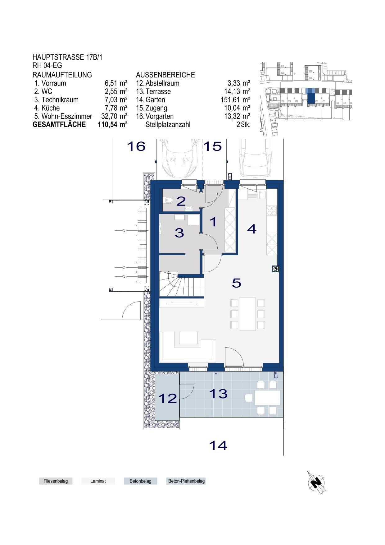 Grundriss des Erdgeschosses mit hervorgehobenen Wohnbereichen, Terrasse und Vorgarten.