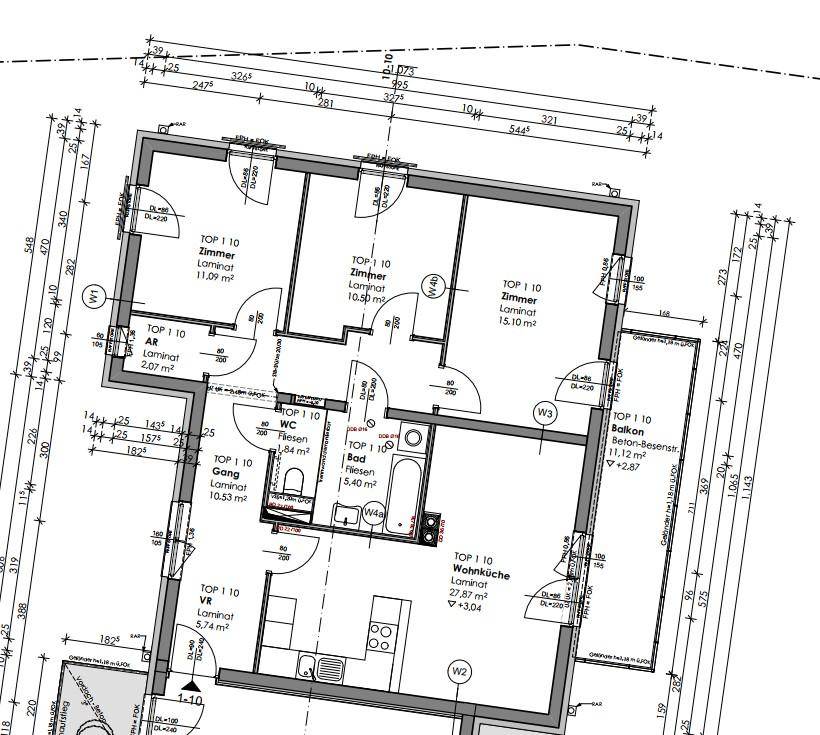 Detaillierter Grundriss einer Wohnung mit drei Zimmern, Wohnküche und Balkon.