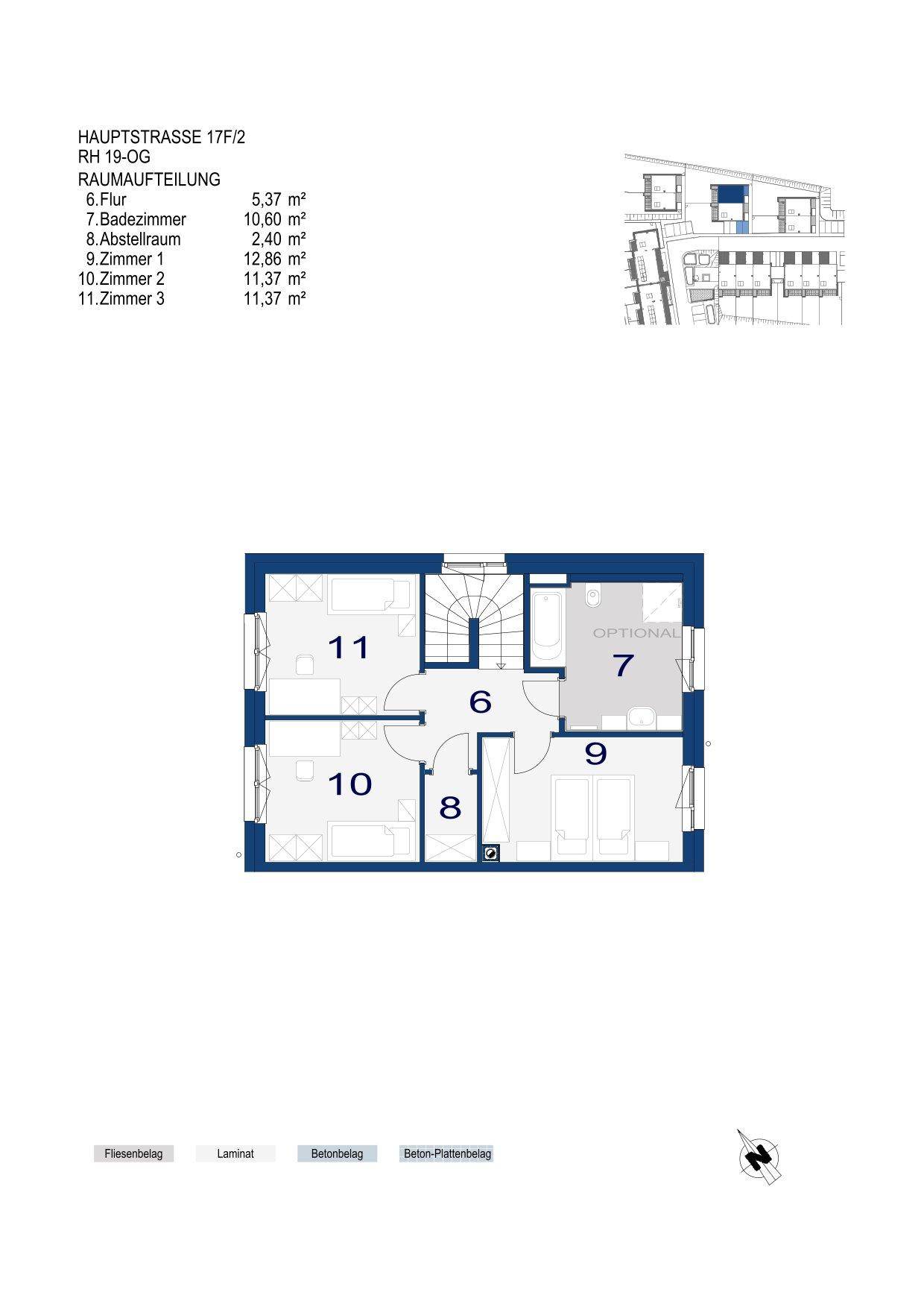 Grundriss des Obergeschosses mit Schlafzimmern, Badezimmer und Abstellraum.