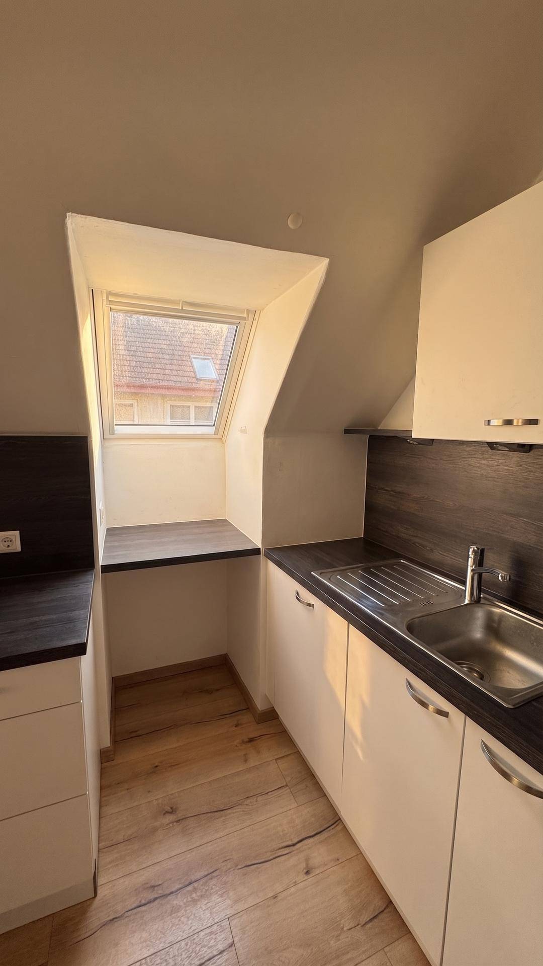 Helle Küchenzeile mit Spüle, Arbeitsfläche und einem Dachfenster für Tageslicht.