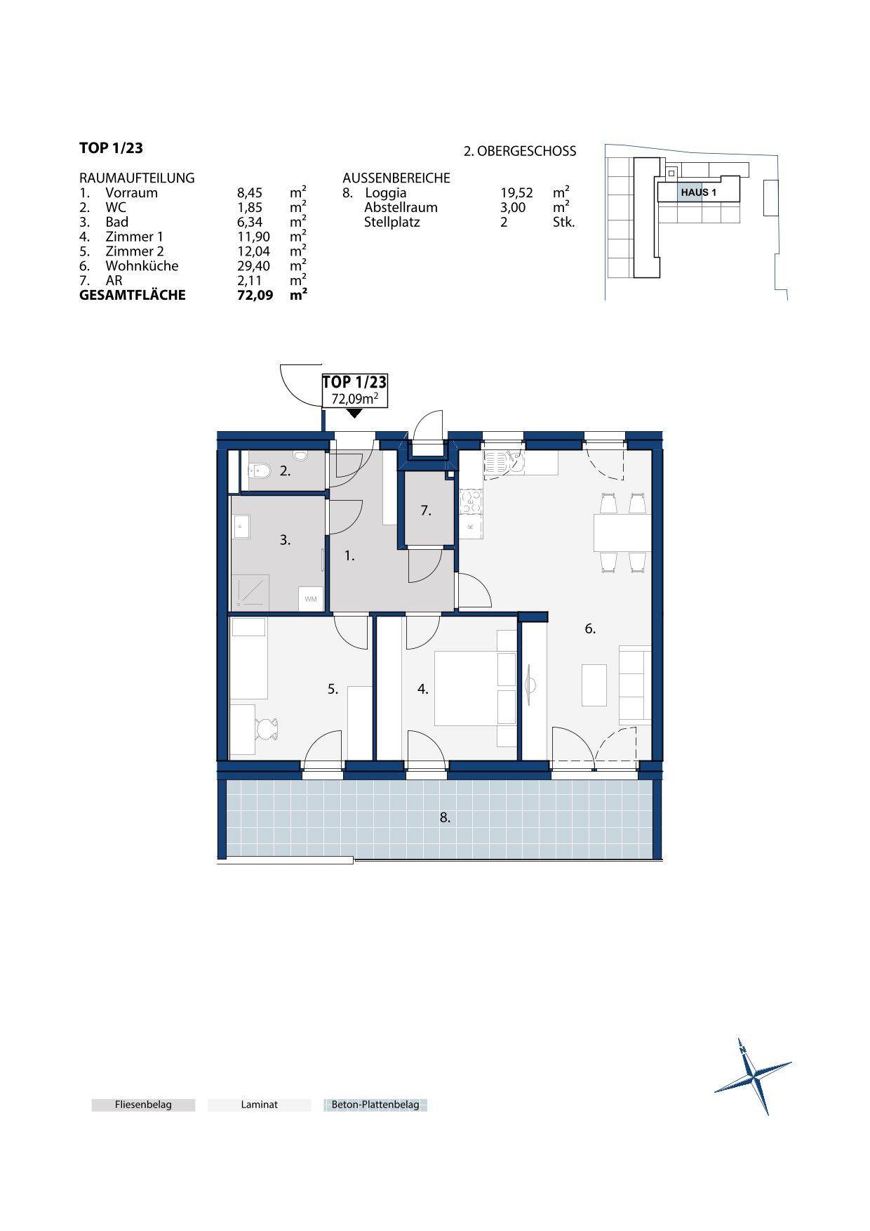 Grundriss der Wohnung TOP 1/23 mit 72,09 m² Wohnfläche und einer Loggia.