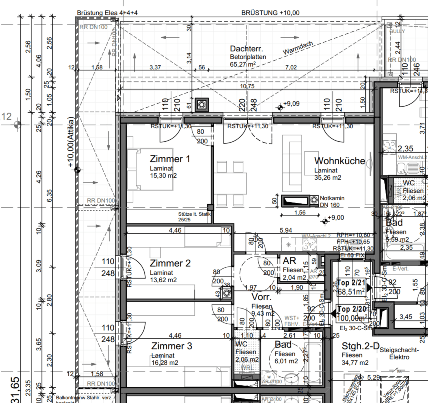 Detaillierter Grundriss einer Wohnung mit Wohnküche, drei Zimmern und zwei Bädern.