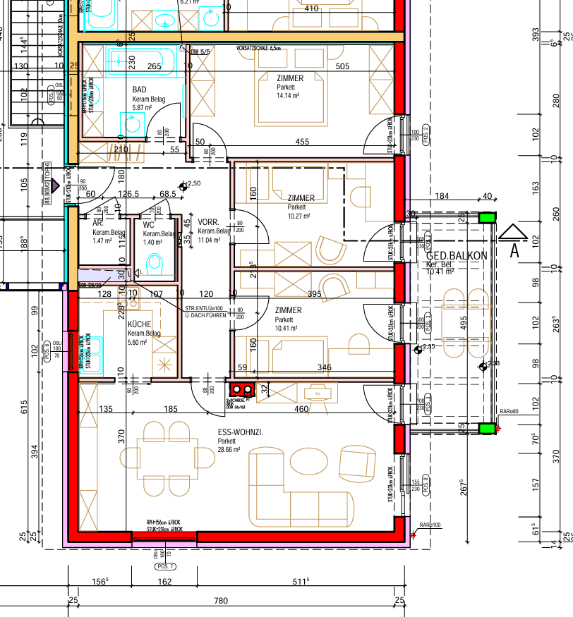 Detaillierter Grundriss einer Wohnung mit mehreren Zimmern, Bad, separatem WC und Balkon.