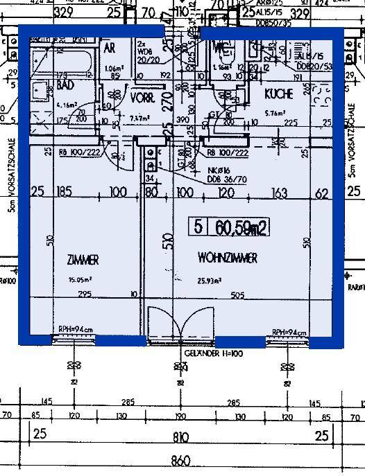 Grundriss einer Wohnung mit Wohnzimmer, Zimmer, Bad, Küche und Vorratsraum auf 60,50m².