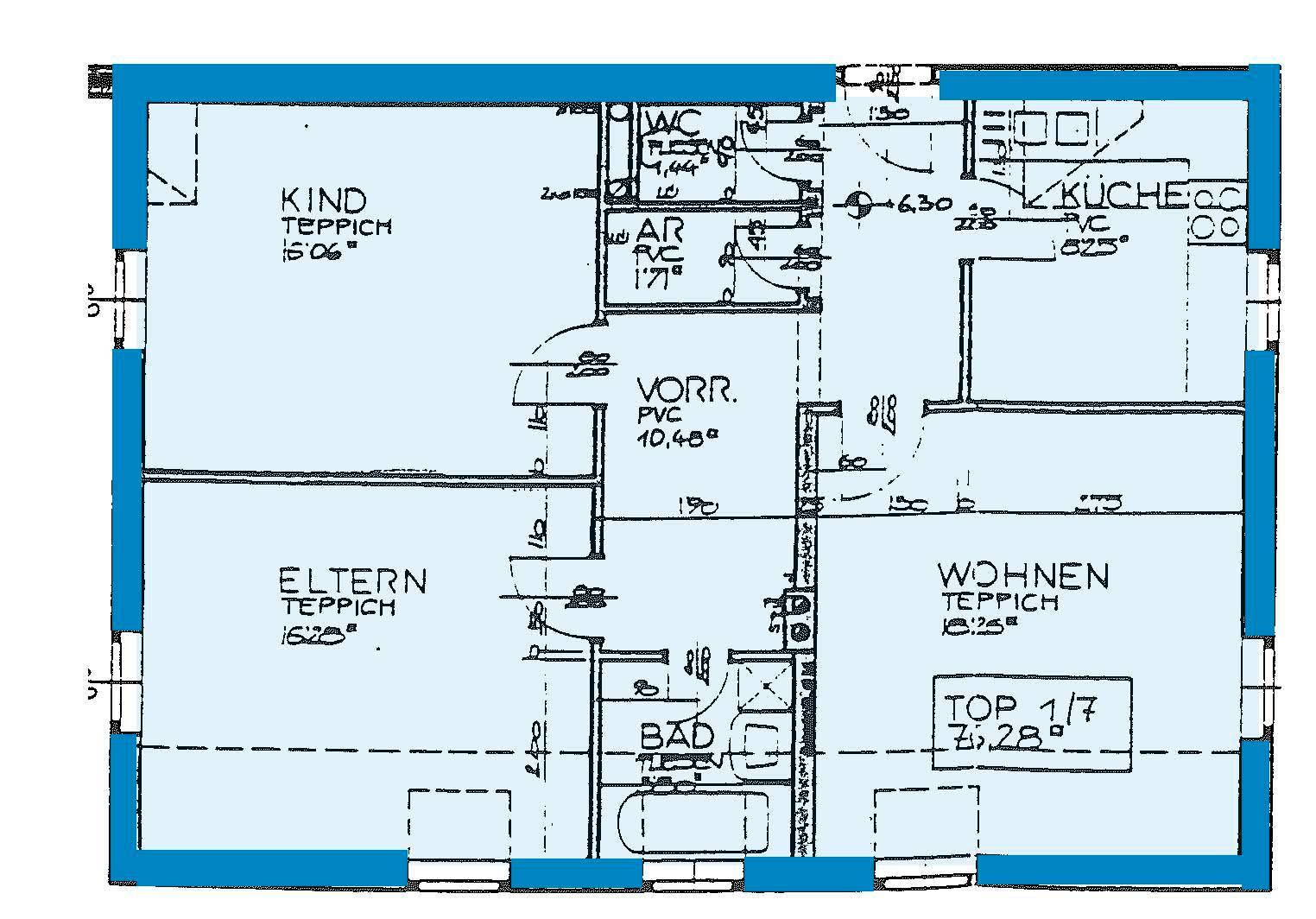 Grundriss einer Wohnung mit separaten Räumen für Wohnen, Schlafen, Kind, Küche und Bad, inklusive WC.