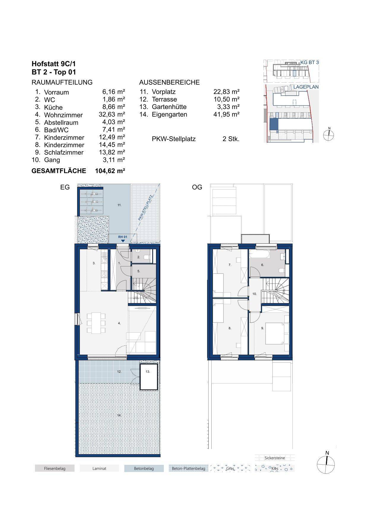 Detaillierter Grundriss eines Reihenhauses über zwei Etagen mit Garten, Terrasse und Stellplatz.