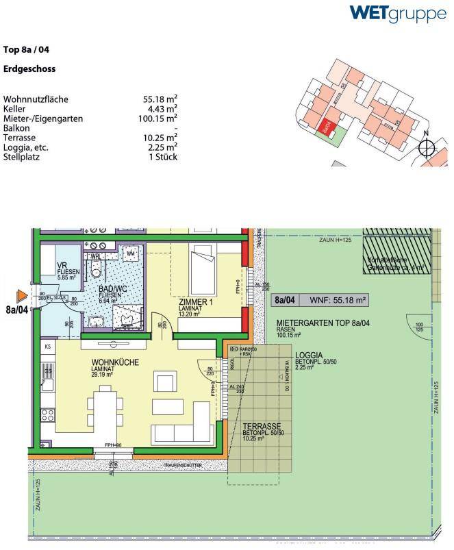 Detaillierter Grundriss einer Erdgeschosswohnung mit Terrasse und Loggia.