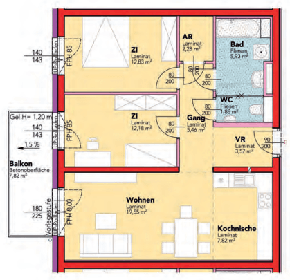 Grundriss einer Wohnung mit drei Zimmern, Balkon und offener Kochnische.
