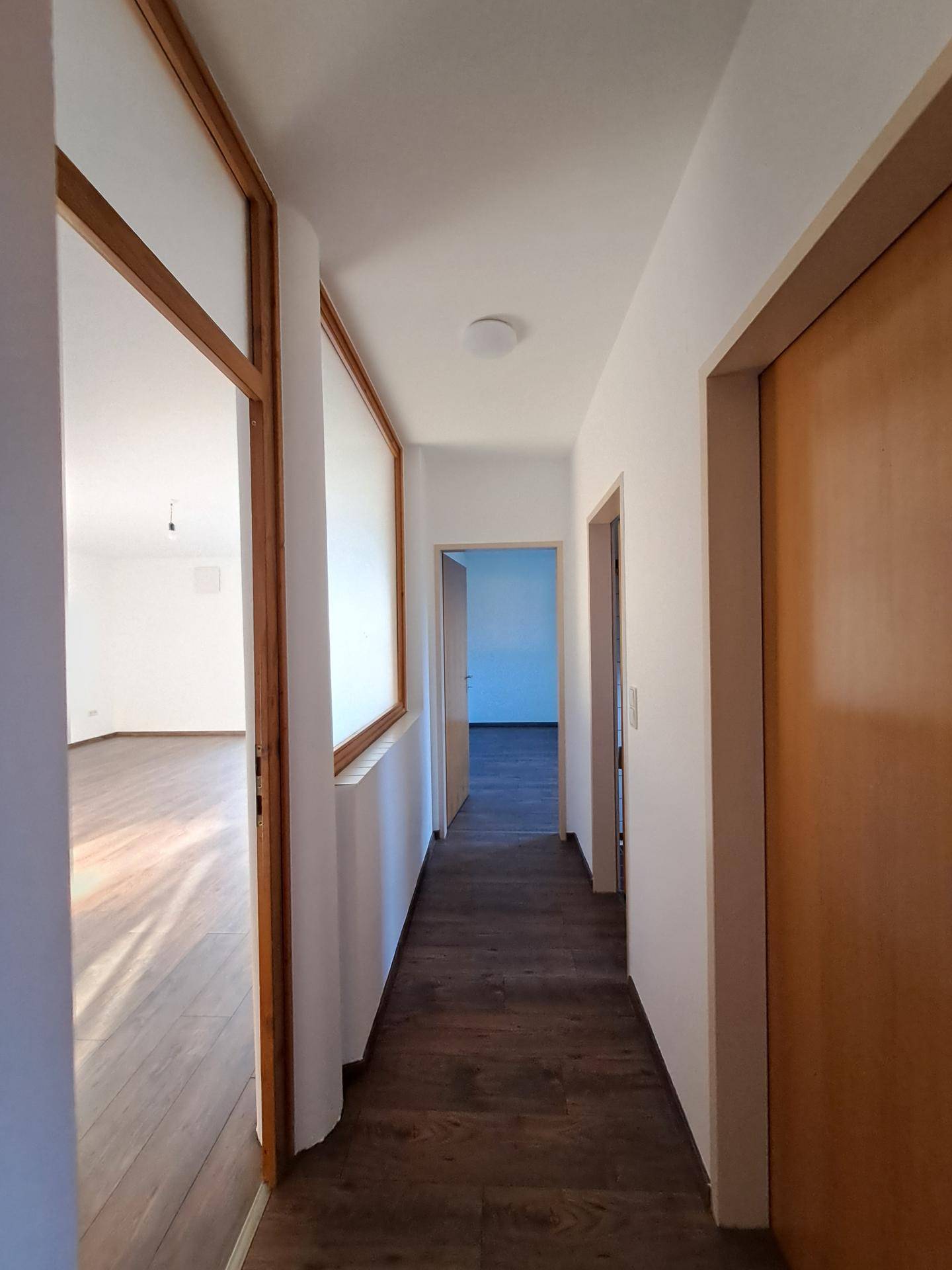 Heller Flur mit dunklem Laminatboden und Holztürrahmen, führt zu weiteren Räumen.