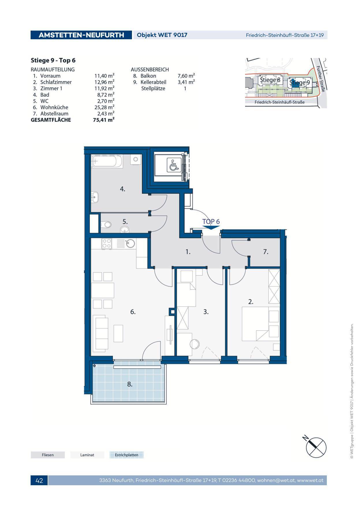 Grundriss einer Wohnung mit Balkon, zwei Schlafzimmern und offenem Wohnküchenbereich.