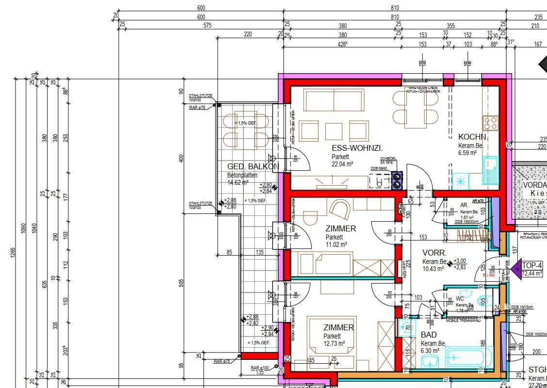Detaillierter Grundriss einer Wohnung mit offenem Wohn-Essbereich, zwei Zimmern, Bad und separatem WC.