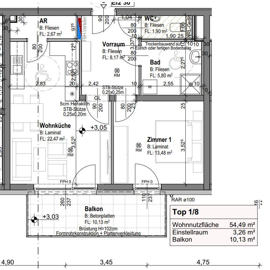 Detaillierter Grundriss einer Wohnung mit Wohnküche, Schlafzimmer, Bad und Balkon.