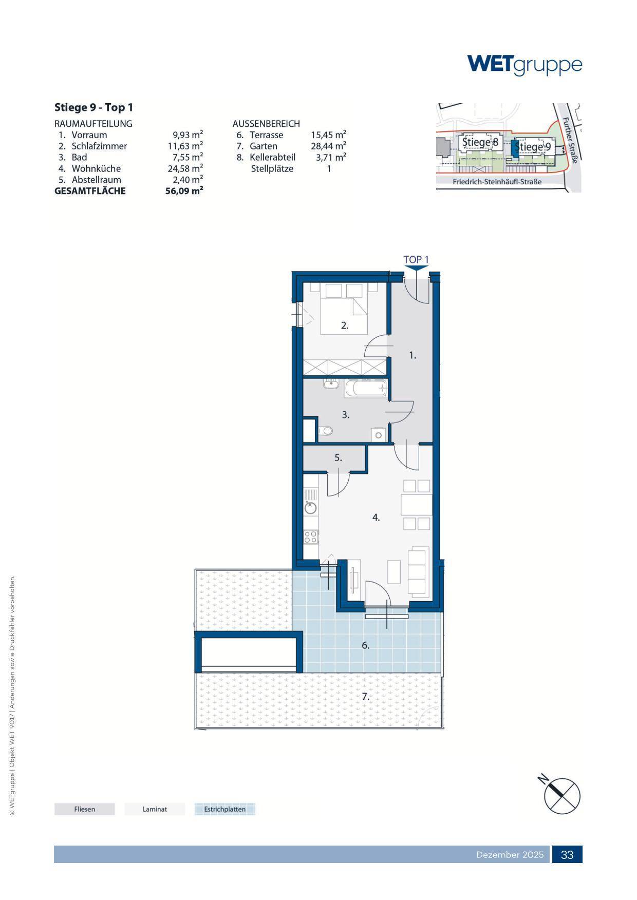 Detaillierter Grundriss einer Wohnung mit Terrasse und Gartenbereich im Außenbereich.