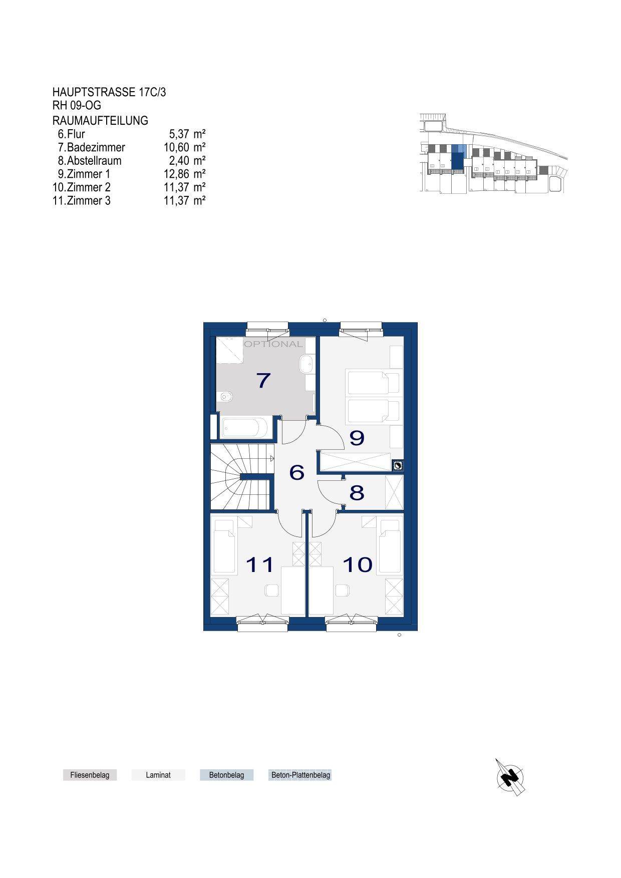Grundriss des Obergeschosses mit drei Schlafzimmern und einem Badezimmer.