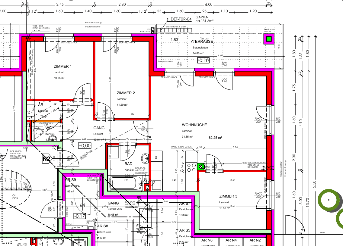 Detaillierter Grundriss einer Wohnung mit mehreren Zimmern, Bad und offener Wohnküche.