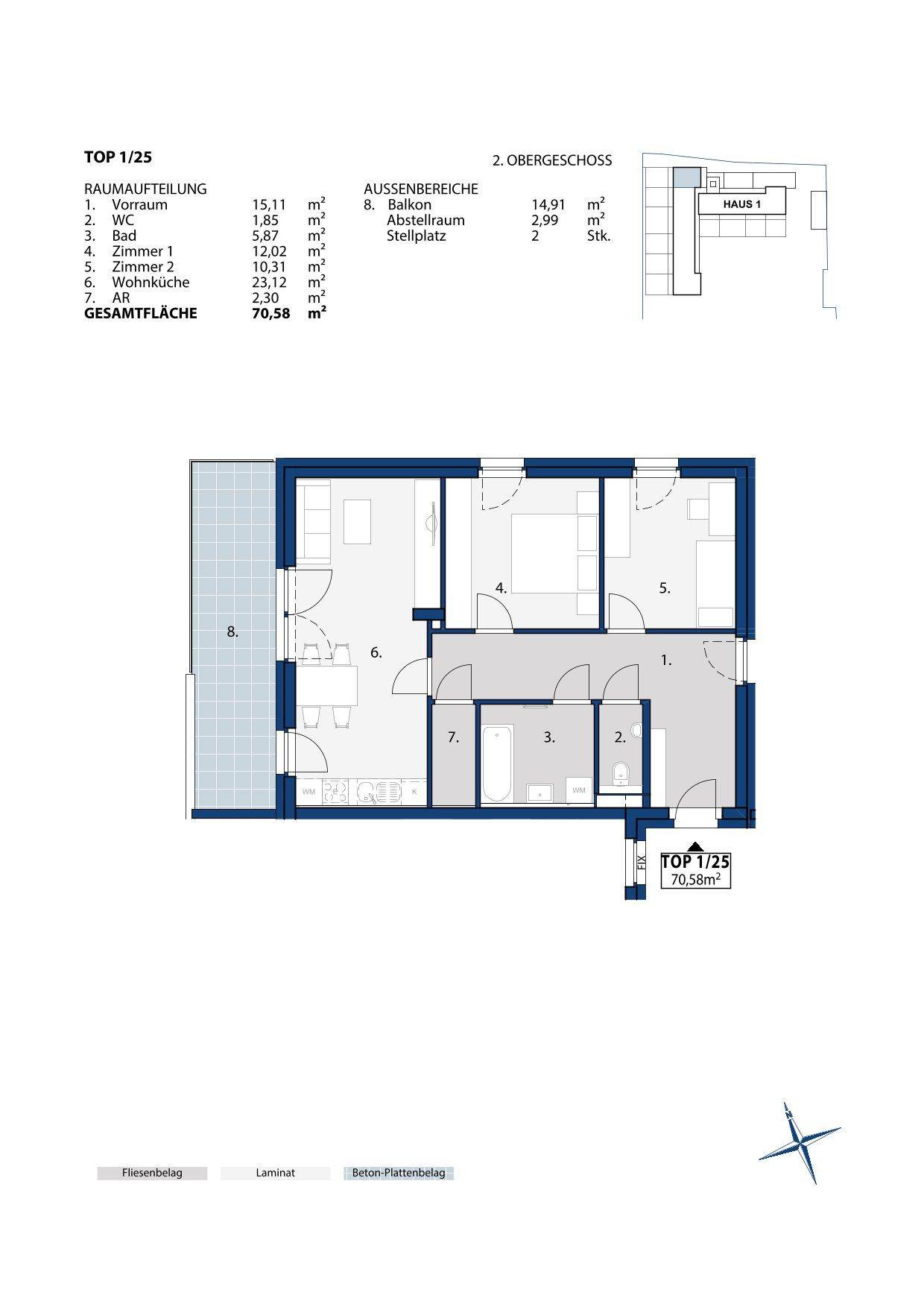 Grundriss einer Wohnung im Obergeschoss mit offenem Wohnbereich, zwei Schlafzimmern und einem Balkon.