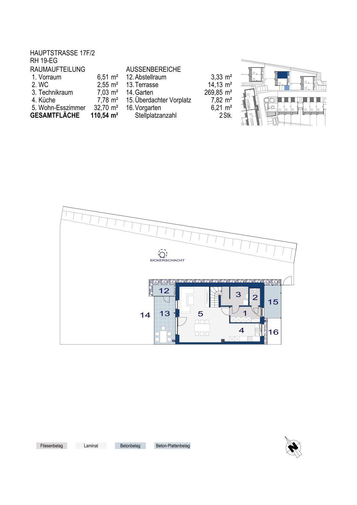 Grundriss des Erdgeschosses mit offenem Wohnbereich, Küche, Terrasse und Garten.