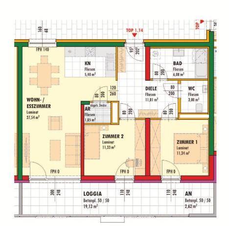 Grundriss einer Wohnung mit offenem Wohn-/Essbereich, zwei Schlafzimmern, Bad, separatem WC und Loggia.
