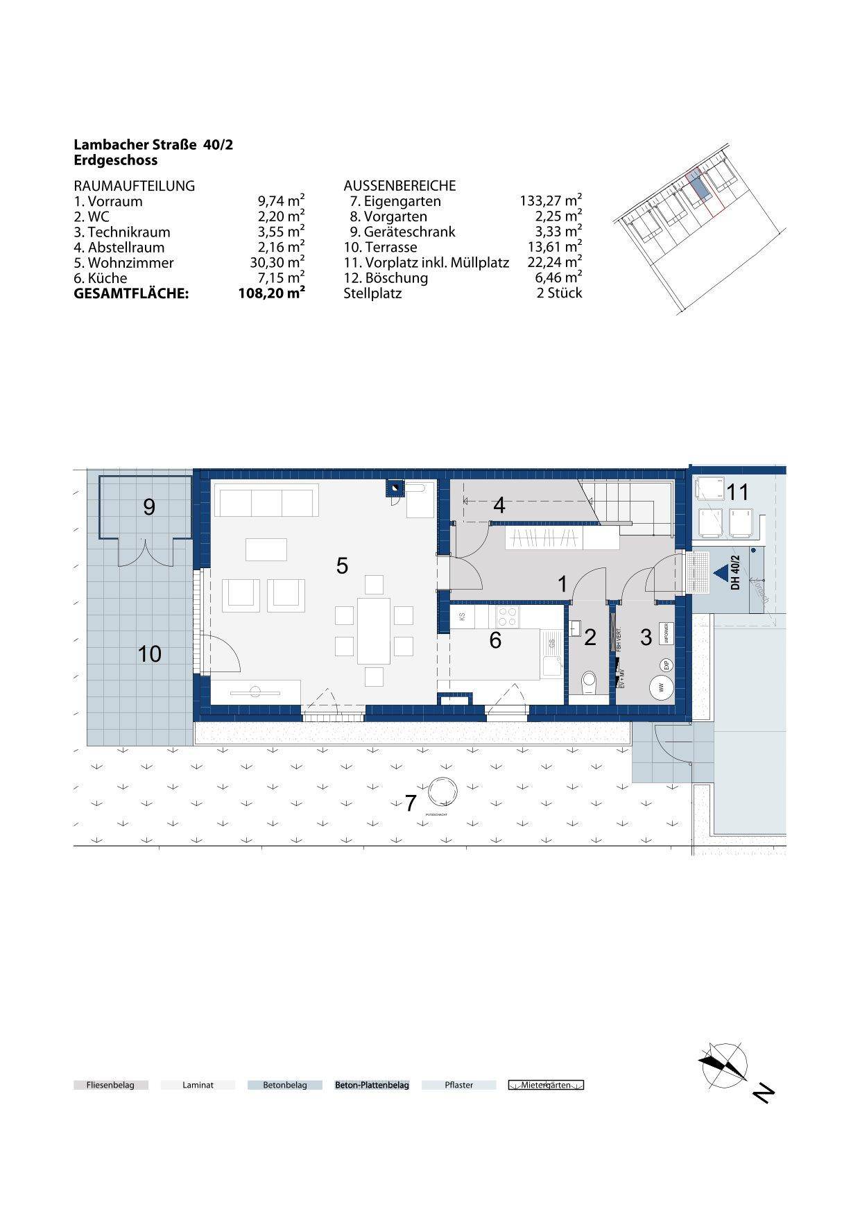 Detaillierter Grundriss des Erdgeschosses mit Möblierung, Terrasse und Gartenbereich.