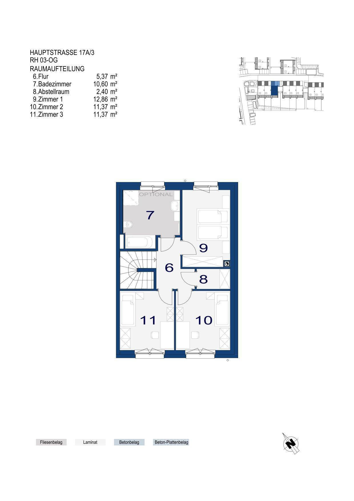 Grundriss des Obergeschosses mit drei Schlafzimmern und einem Badezimmer.