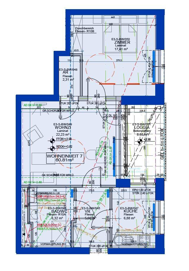 Detaillierter Grundriss einer Wohneinheit mit Loggia und mehreren Zimmern.