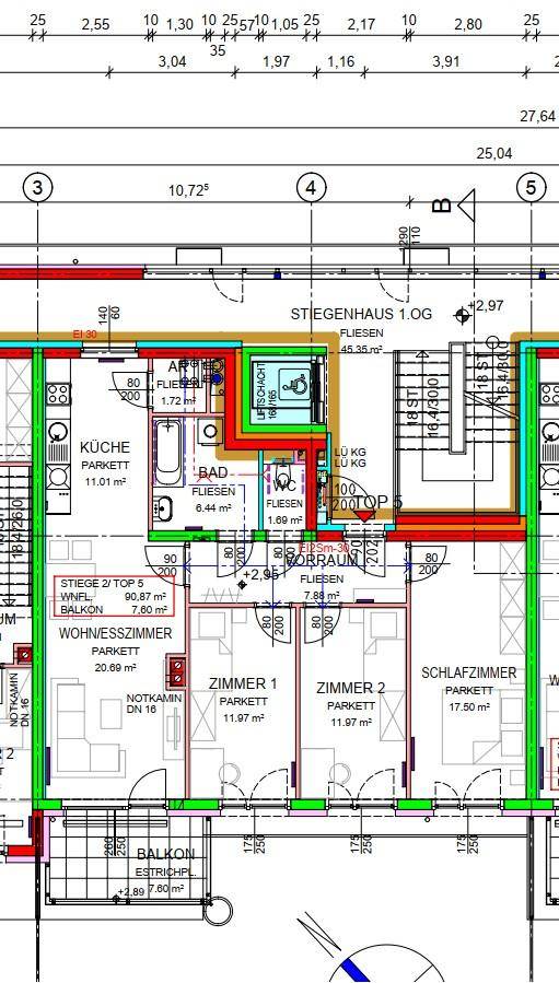 Detaillierter Grundriss einer Wohnung mit Wohnzimmer, Schlafzimmern, Bad und Balkon.