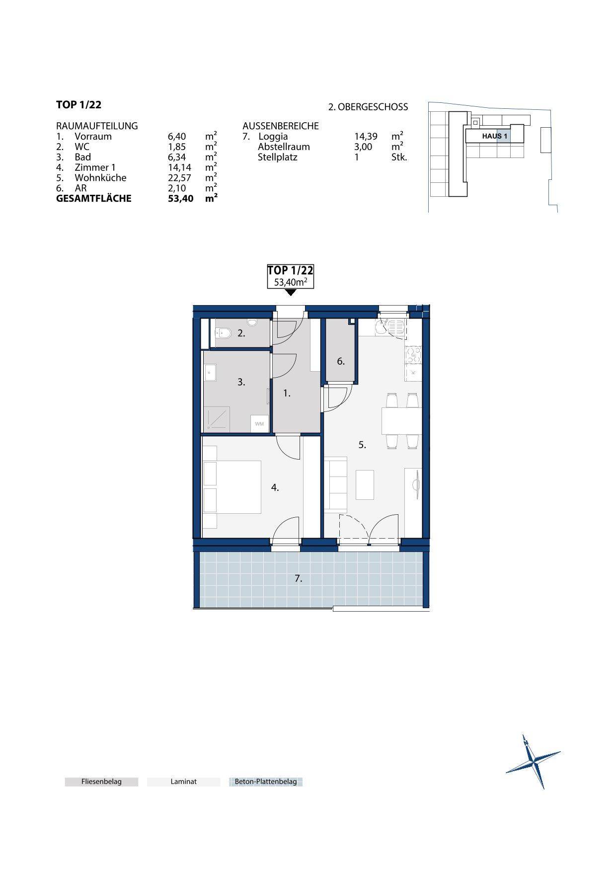 Grundriss einer Wohnung mit Loggia, offenem Wohnbereich und separatem WC.