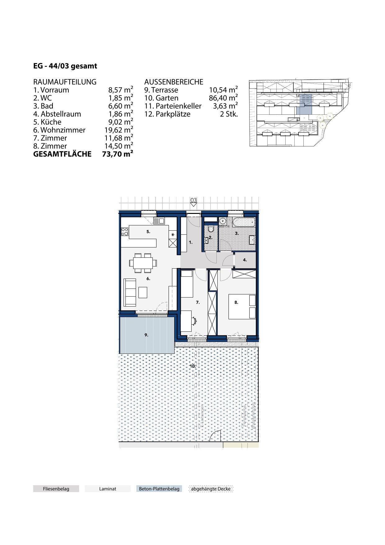 Grundriss einer Erdgeschosswohnung mit Terrasse, Garten und separatem WC.