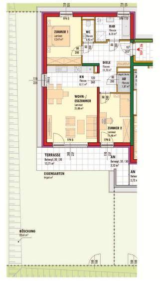 Grundriss einer Wohnung mit offenem Wohn-/Esszimmer, zwei Schlafzimmern, Bad, separatem WC, Terrasse und Garten.