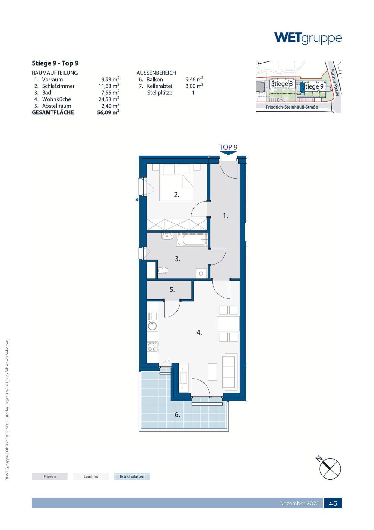 Grundriss der Wohnung Top 9 mit einem Schlafzimmer, offenem Wohnbereich und Balkon.