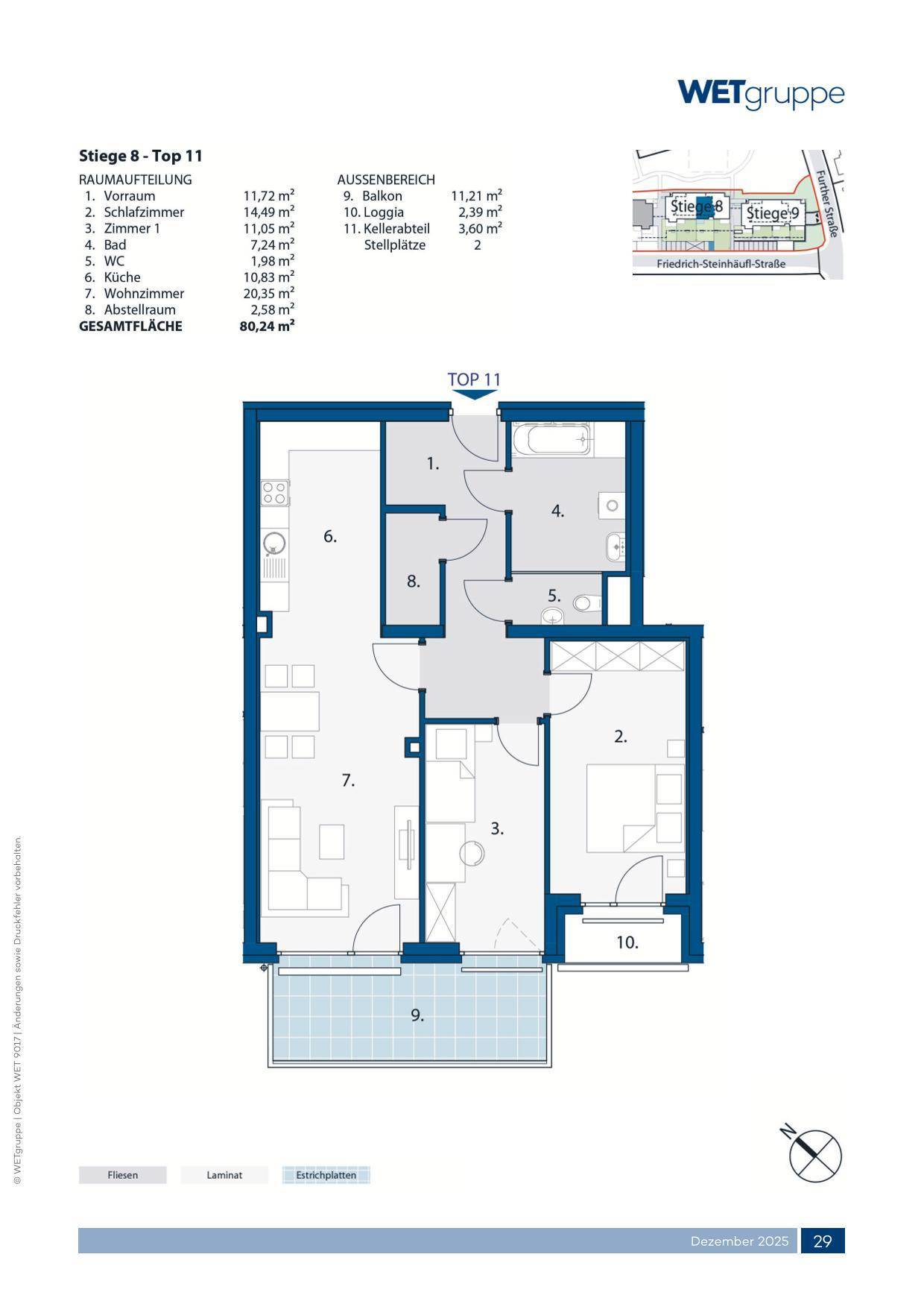 Grundriss für Top 11 mit Balkon, offenem Wohnbereich und separatem WC.