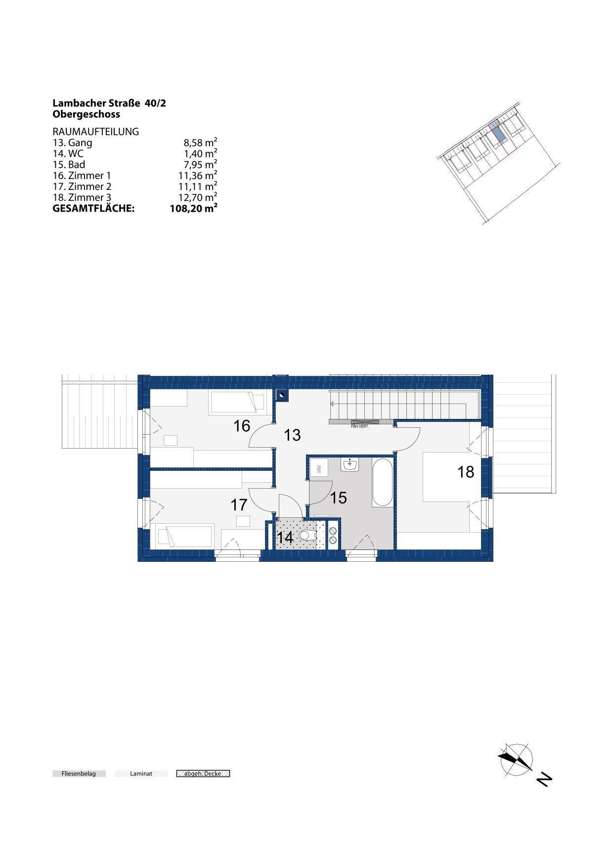 Grundriss des Obergeschosses mit Schlafzimmern, Badezimmer und separatem WC.