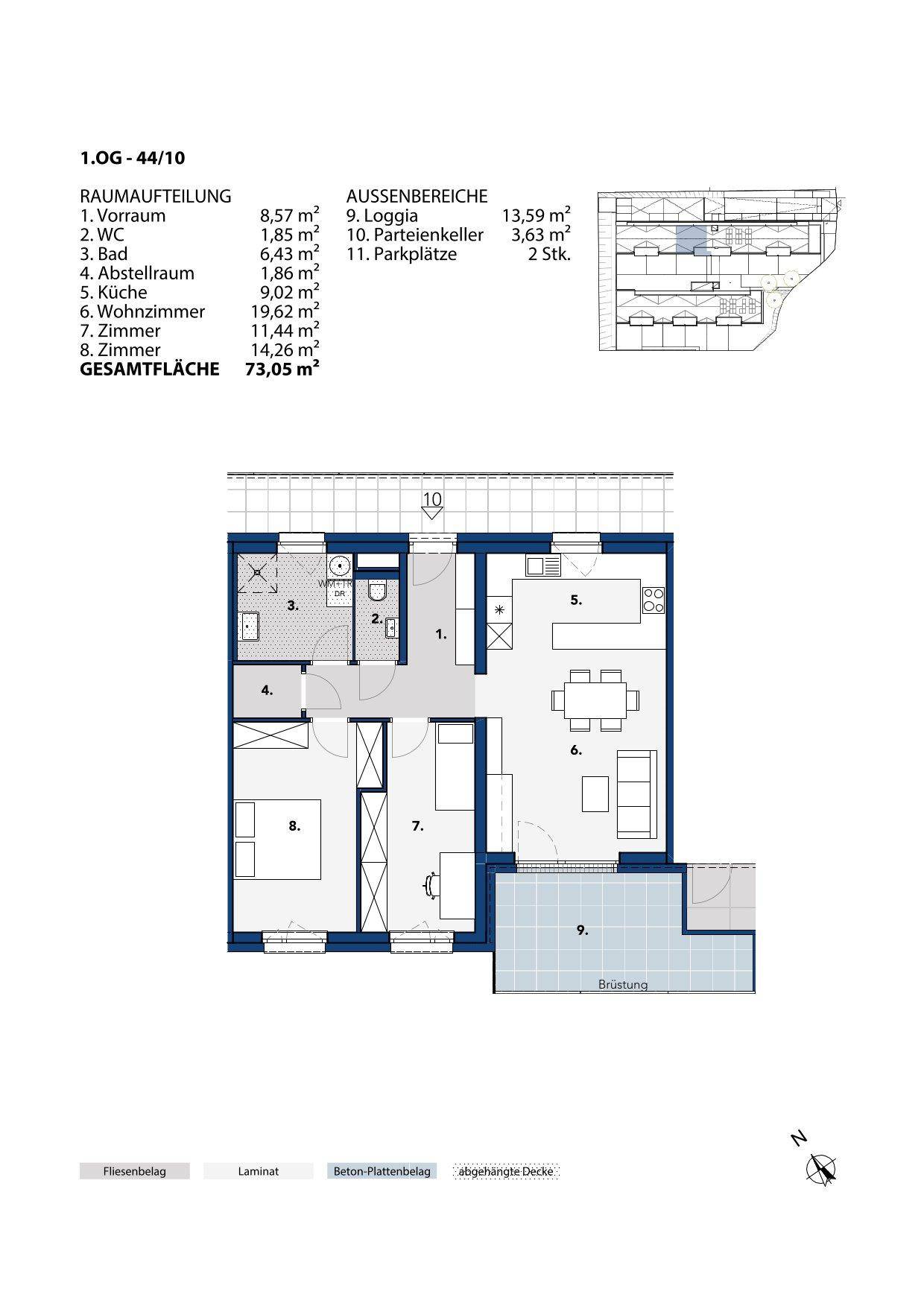 Grundriss einer Wohnung mit Loggia, separatem WC und offenem Wohnbereich.