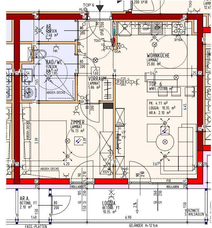 Detaillierter Grundriss einer Wohnung mit Wohnküche, Zimmer, Bad und Loggia.