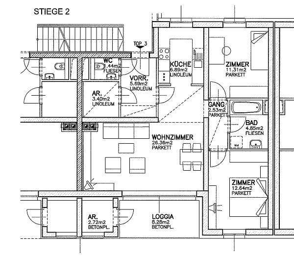 Grundriss der Stiege 2 mit Wohnzimmer, Küche, zwei Zimmern, Bad und Loggia.
