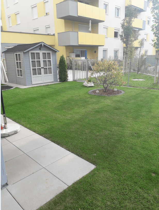 Privater Gartenbereich mit Rasenfläche, Gartenhaus und gepflasterter Terrasse.